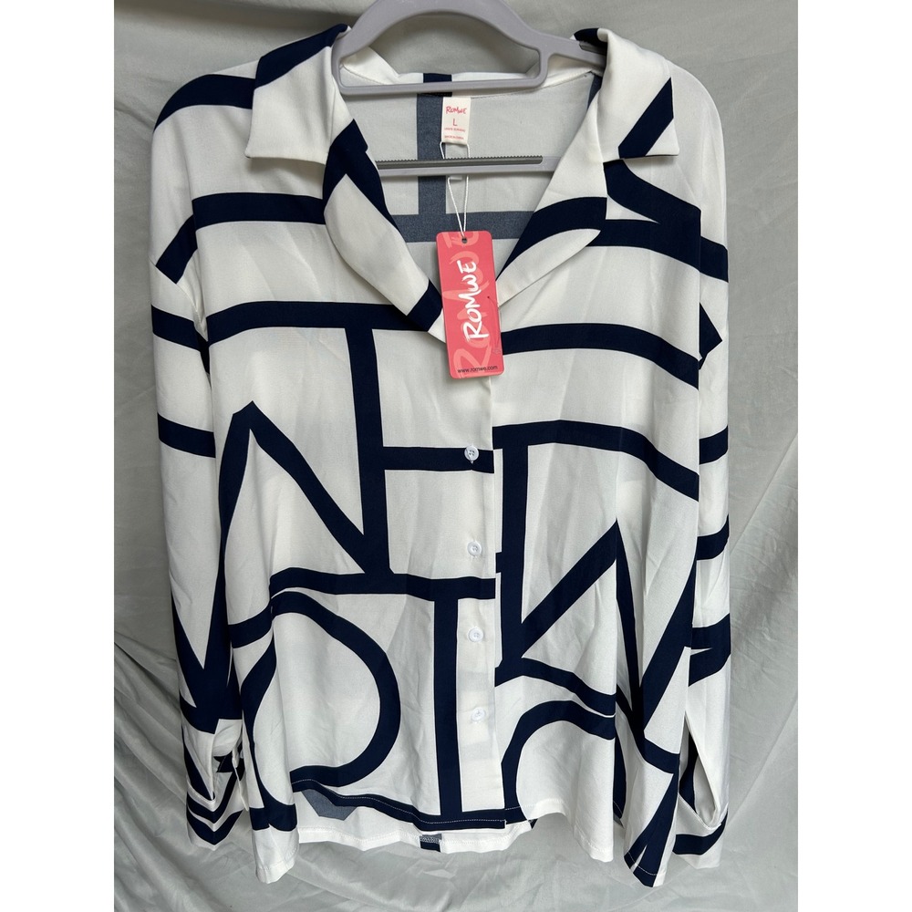 Romwe Geometric Abstract Print Button Down Shirt Size L NWT Navy White Blouse